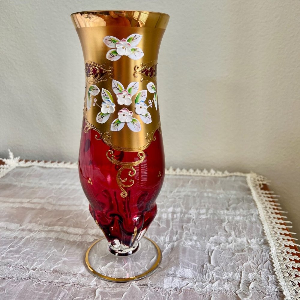 Vintage Bohemian Home Decor, Vintage Glass Vase Decor, Red and Gold Decor